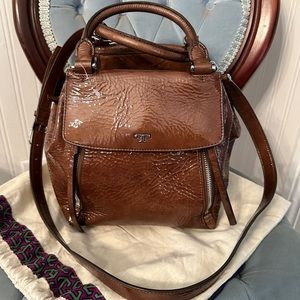 NWOT Tory Burch Half Moon Satchel Brown Patent Leather Crossbody Bag W/Dustbag!
